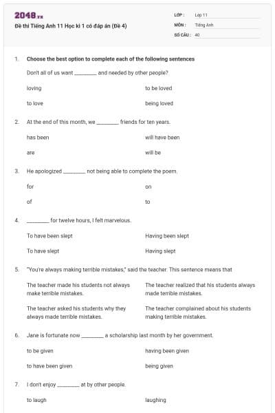 Đề thi Tiếng Anh 11 Học kì 1 có đáp án (Đề 4)