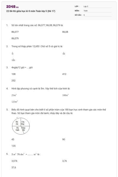 22 Đề thi giữa học kì II môn Toán lớp 5 (Đề 17)