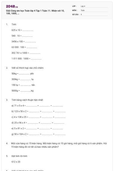 Giải Cùng em học Toán lớp 4 Tập 1 Tuần 11. Nhân với 10, 100, 1000, …