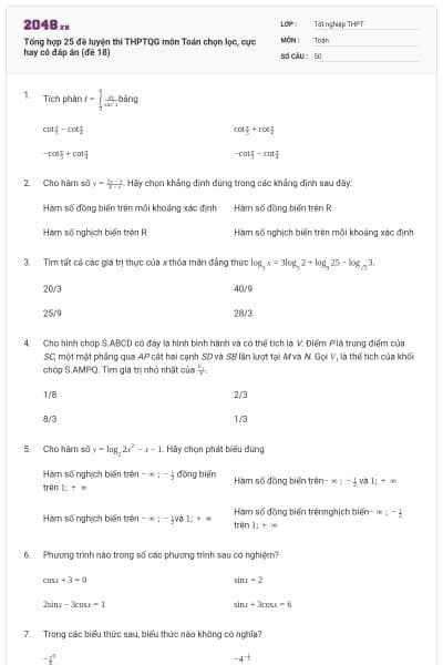 Tổng hợp 25 đề luyện thi THPTQG môn Toán chọn lọc, cực hay có đáp án (đề 18)