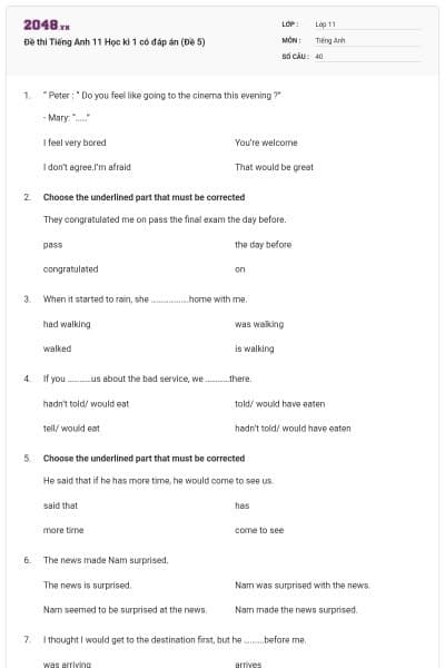 Đề thi Tiếng Anh 11 Học kì 1 có đáp án (Đề 5)