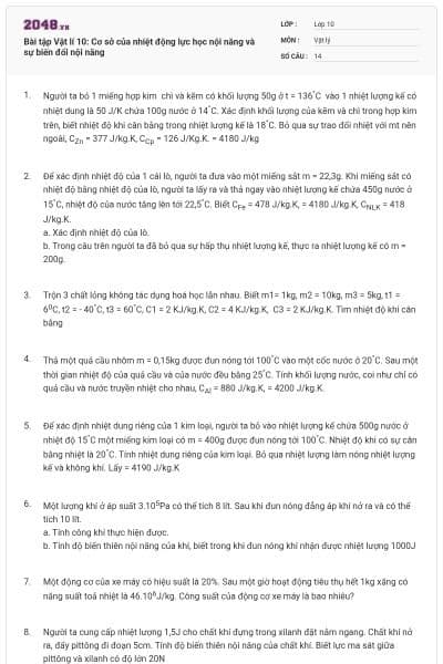 Bài tập Vật lí 10: Cơ sở của nhiệt động lực học nội năng và sự biến đổi nội năng