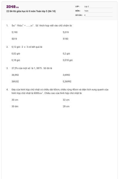22 Đề thi giữa học kì II môn Toán lớp 5 (Đề 18)