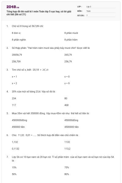 Tổng hợp đề thi cuối kì I môn Toán lớp 5 cực hay, có lời giải chi tiết (Đề số 21)