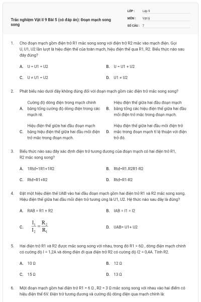 Trắc nghiệm Vật lí 9 Bài 5 (có đáp án): Đoạn mạch song song