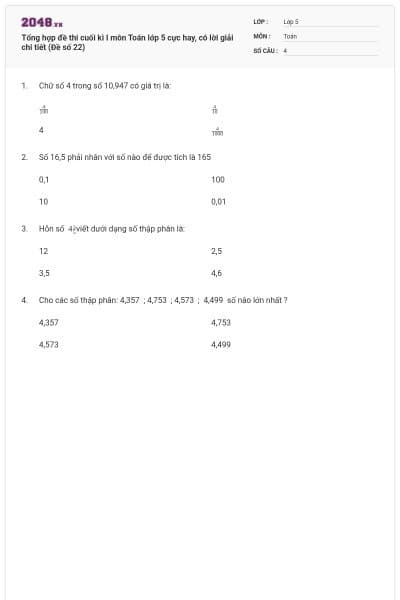Tổng hợp đề thi cuối kì I môn Toán lớp 5 cực hay, có lời giải chi tiết (Đề số 22)