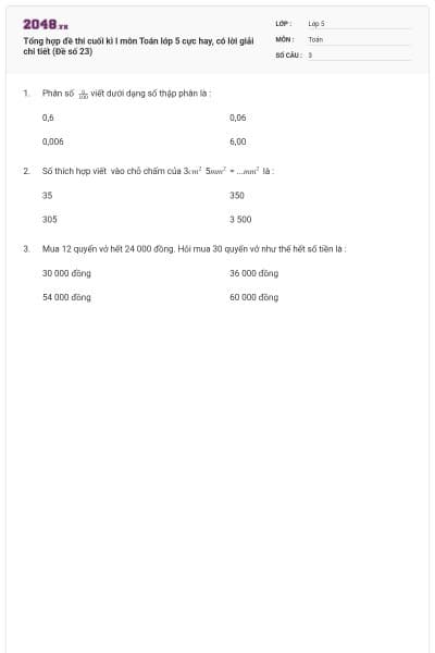 Tổng hợp đề thi cuối kì I môn Toán lớp 5 cực hay, có lời giải chi tiết (Đề số 23)