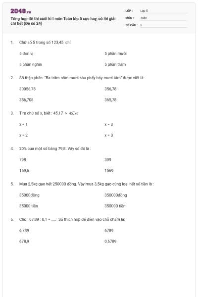 Tổng hợp đề thi cuối kì I môn Toán lớp 5 cực hay, có lời giải chi tiết (Đề số 24)