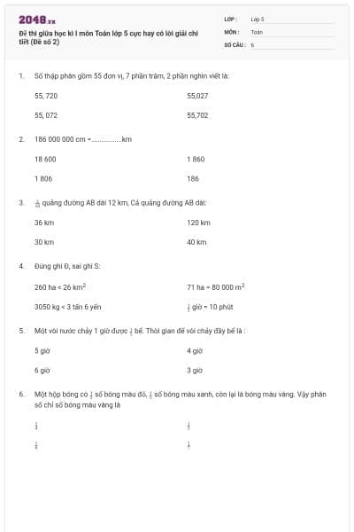 Đề thi giữa học kì I môn Toán lớp 5 cực hay có lời giải chi tiết (Đề số 2)