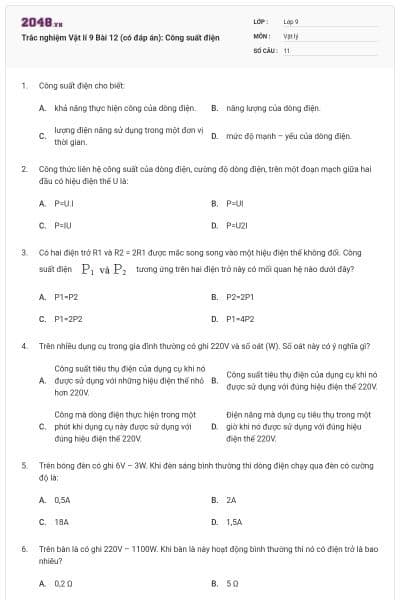 Trắc nghiệm Vật lí 9 Bài 12 (có đáp án): Công suất điện