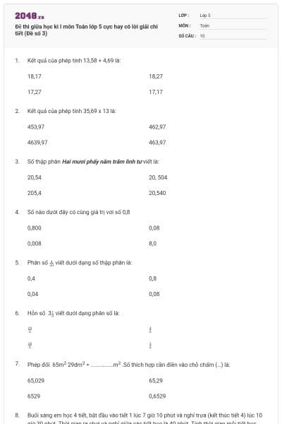 Đề thi giữa học kì I môn Toán lớp 5 cực hay có lời giải chi tiết (Đề số 3)