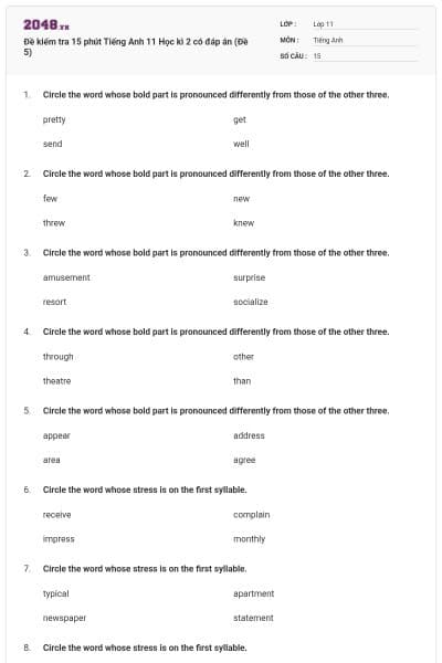 Đề kiểm tra 15 phút Tiếng Anh 11 Học kì 2 có đáp án (Đề 5)