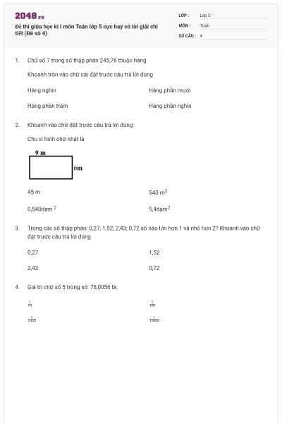 Đề thi giữa học kì I môn Toán lớp 5 cực hay có lời giải chi tiết (Đề số 4)
