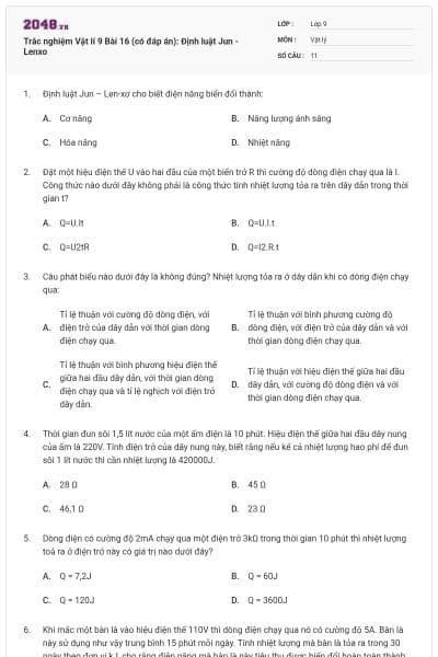 Trắc nghiệm Vật lí 9 Bài 16 (có đáp án): Định luật Jun - Lenxo