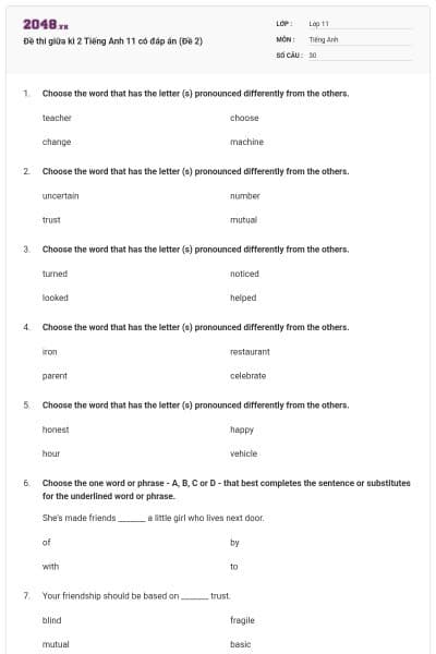 Đề thi giữa kì 2 Tiếng Anh 11 có đáp án (Đề 2)