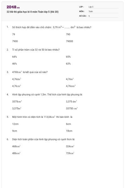 22 Đề thi giữa học kì II môn Toán lớp 5 (Đề 20)