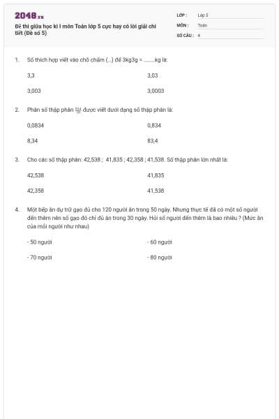 Đề thi giữa học kì I môn Toán lớp 5 cực hay có lời giải chi tiết (Đề số 5)