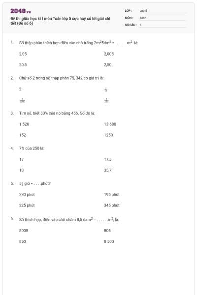 Đề thi giữa học kì I môn Toán lớp 5 cực hay có lời giải chi tiết (Đề số 6)