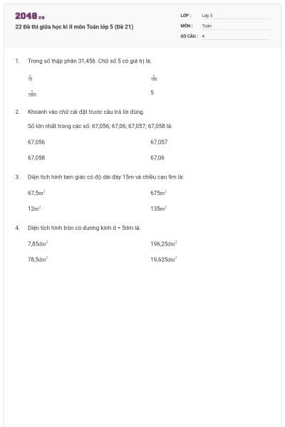 22 Đề thi giữa học kì II môn Toán lớp 5 (Đề 21)