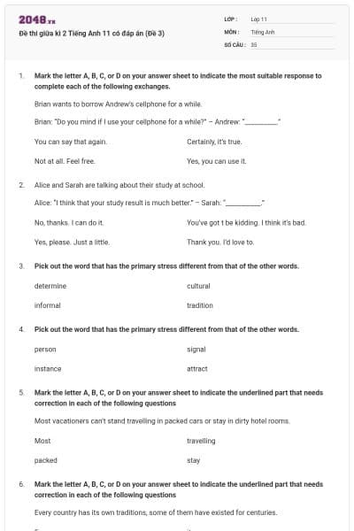 Đề thi giữa kì 2 Tiếng Anh 11 có đáp án (Đề 3)