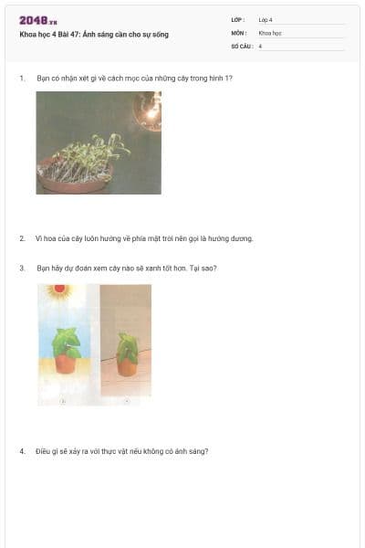 Khoa học 4 Bài 47: Ánh sáng cần cho sự sống