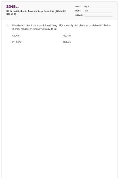 Đề thi cuối kỳ I môn Toán lớp 5 cực hay có lời giải chi tiết (Đề số 1)