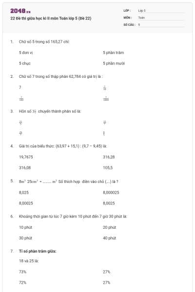 22 Đề thi giữa học kì II môn Toán lớp 5 (Đề 22)