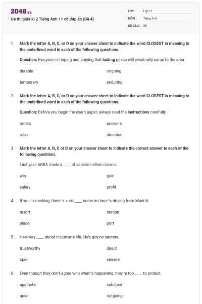 Đề thi giữa kì 2 Tiếng Anh 11 có đáp án (Đề 4)