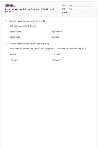 Đề thi cuối kỳ I môn Toán lớp 5 cực hay có lời giải chi tiết (Đề số 2)