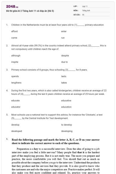 Đề thi giữa kì 2 Tiếng Anh 11 có đáp án (Đề 5)