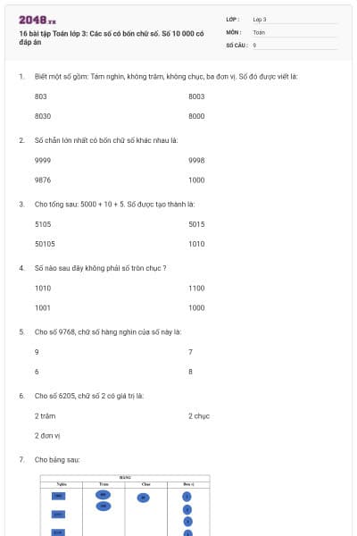 16 bài tập Toán lớp 3: Các số có bốn chữ số. Số 10 000 có đáp án