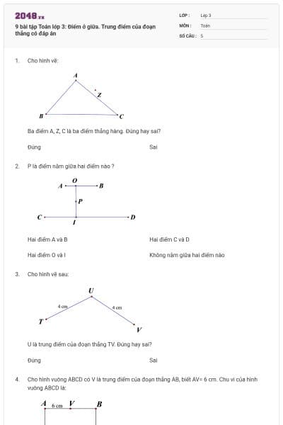 9 bài tập Toán lớp 3: Điểm ở giữa. Trung điểm của đoạn thẳng có đáp án