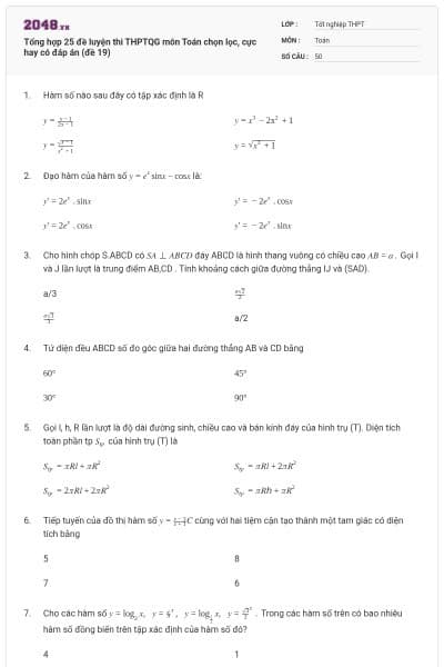 Tổng hợp 25 đề luyện thi THPTQG môn Toán chọn lọc, cực hay có đáp án (đề 19)