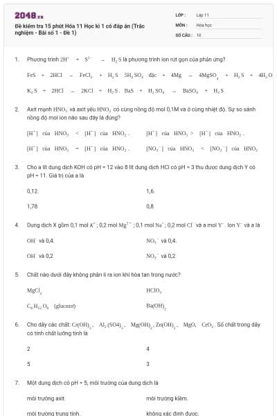 Đề kiểm tra 15 phút Hóa 11 Học kì 1 có đáp án (Trắc nghiệm - Bài số 1 - Đề 1)