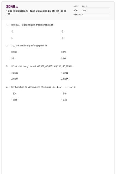 16 Đề thi giữa Học Kì I Toán lớp 5 có lời giải chi tiết (Đề số 10)