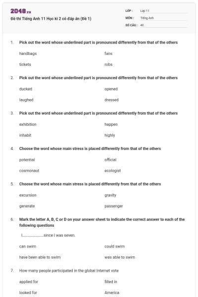 Đề thi Tiếng Anh 11 Học kì 2 có đáp án (Đề 1)