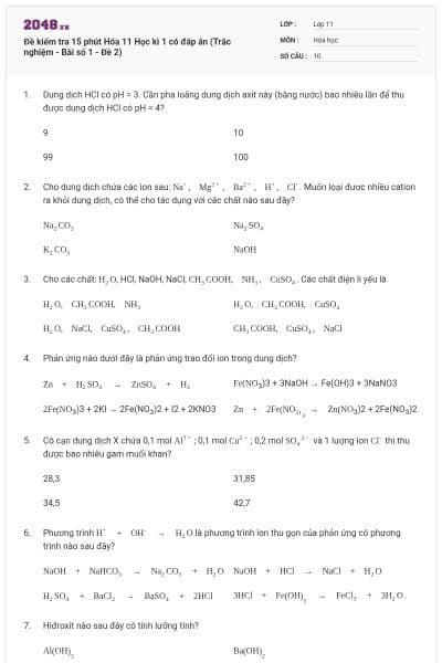 Đề kiểm tra 15 phút Hóa 11 Học kì 1 có đáp án (Trắc nghiệm - Bài số 1 - Đề 2)