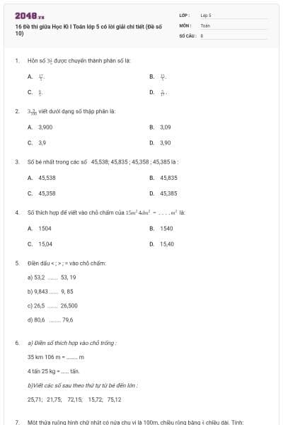 16 Đề thi giữa Học Kì I Toán lớp 5 có lời giải chi tiết (Đề số 10)