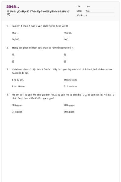 16 Đề thi giữa Học Kì I Toán lớp 5 có lời giải chi tiết (Đề số 11)