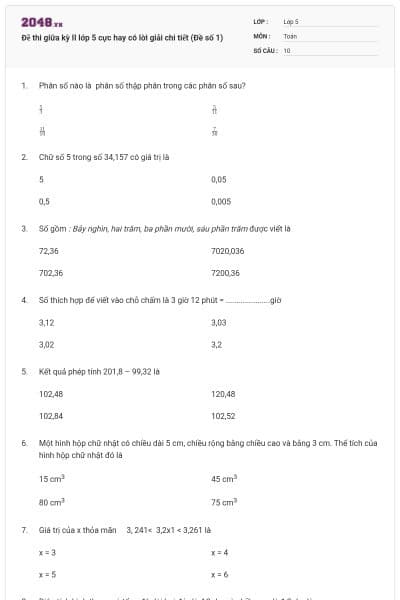 Đề thi giữa kỳ II lớp 5 cực hay có lời giải chi tiết (Đề số 1)