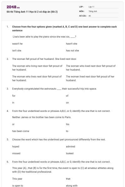 Đề thi Tiếng Anh 11 Học kì 2 có đáp án (Đề 2)