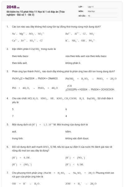 Đề kiểm tra 15 phút Hóa 11 Học kì 1 có đáp án (Trắc nghiệm - Bài số 1 - Đề 3)