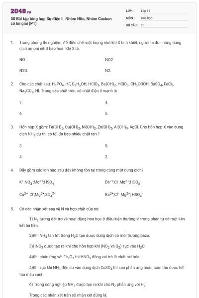 50 Bài tập tổng hợp Sự điện li, Nhóm Nito, Nhóm Cacbon có lời giải (P1)