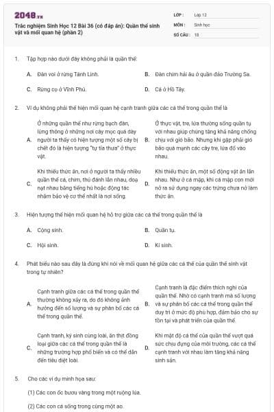Trắc nghiệm Sinh Học 12 Bài 36 (có đáp án): Quần thể sinh vật và mối quan hệ (phần 2)