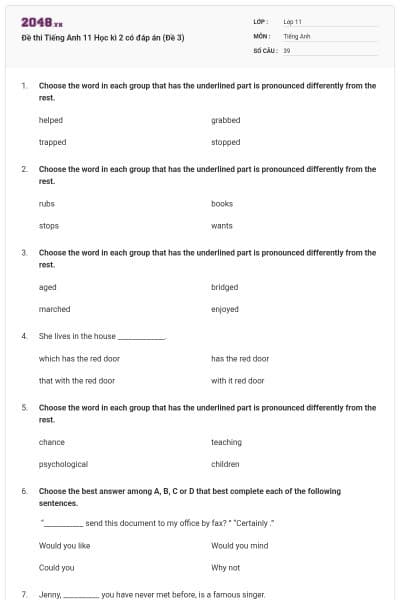 Đề thi Tiếng Anh 11 Học kì 2 có đáp án (Đề 3)