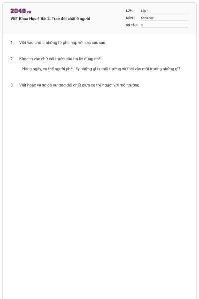 VBT Khoa Học 4 Bài 2: Trao đổi chất ở người