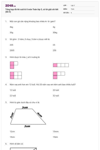 Tổng hợp đề thi cuối kì II môn Toán lớp 5, có lời giải chi tiết (Đề 5)