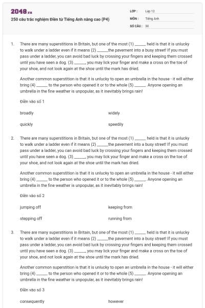 250 câu trắc nghiệm Điền từ Tiếng Anh nâng cao (P4)