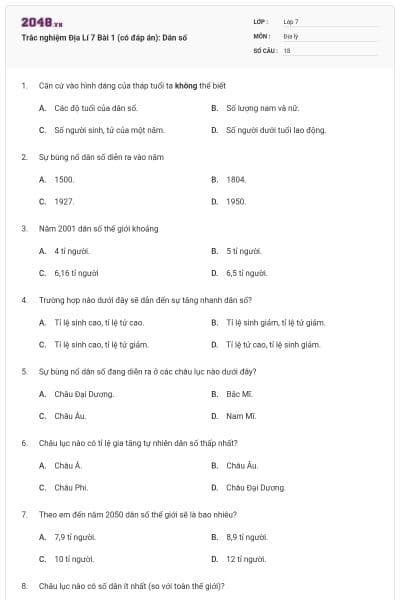 Trắc nghiệm Địa Lí 7 Bài 1 (có đáp án): Dân số