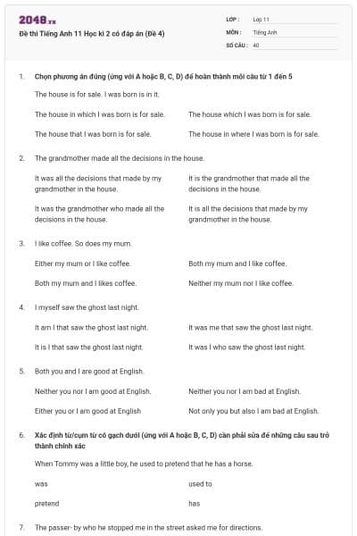 Đề thi Tiếng Anh 11 Học kì 2 có đáp án (Đề 4)